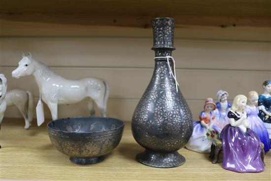 A 19th century Indian Bidri ware bottle vase and a similar bowl vase height 24cm